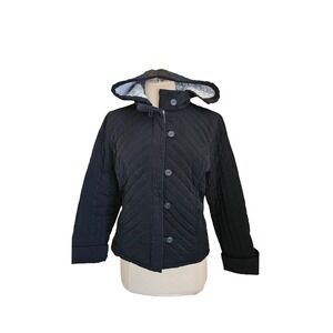 Calvin Klein Quilted Hooded Jacket Black Button back‎ Belted Womens Outerwear M